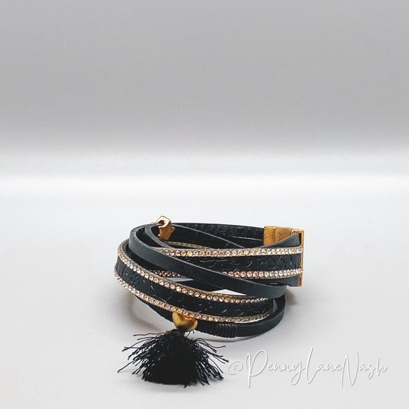 Vintage Jewelry - Vintage Black Leather Studded Wrap Clasp with Tassle Bracelet
